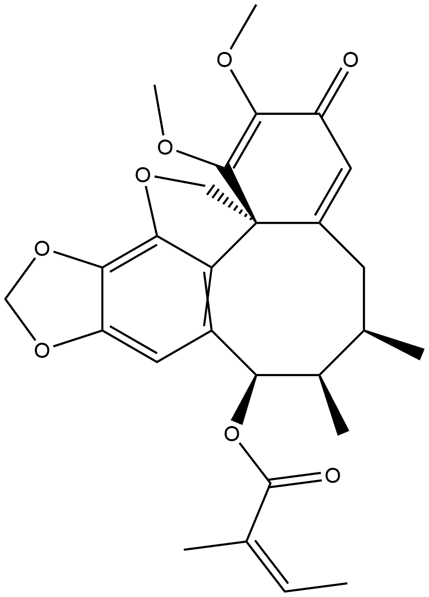 2-Butenoic acid, 2-methyl-, (6R,7R,8R,14aS)-5,6,7,8-tetrahydro-1,2-dimethoxy-6,7-dimethyl-3-oxo-3H,14H-benzo[1,8]cycloocta[1,2,3-cd][1,3]dioxolo[4,5-g]benzofuran-8-yl ester, (2Z)-rel-(-)- Struktur