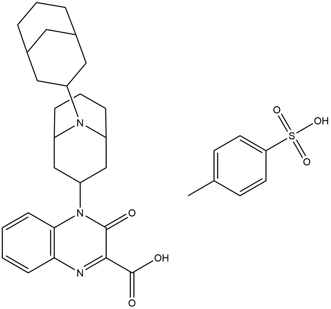 2-Quinoxalinecarboxylic acid, 4-[(3-endo)-9-(3-exo)-bicyclo[3.3.1]non-3-yl-9-azabicyclo[3.3.1]non-3-yl]-3,4-dihydro-3-oxo-, 4-methylbenzenesulfonate (1:1) Struktur