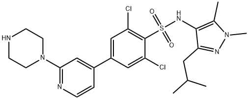 Benzenesulfonamide, 2,6-dichloro-N-[1,5-dimethyl-3-(2-methylpropyl)-1H-pyrazol-4-yl]-4-[2-(1-piperazinyl)-4-pyridinyl]- Struktur