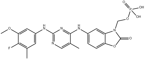 2(3H)-Benzoxazolone, 5-[[2-[(4-fluoro-3-methoxy-5-methylphenyl)amino]-5-methyl-4-pyrimidinyl]amino]-3-[(phosphonooxy)methyl]- Struktur