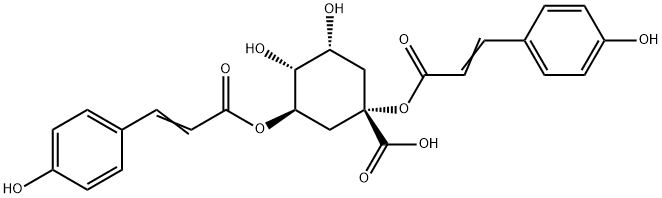 Cyclohexanecarboxylic acid, 3,4-dihydroxy-1,5-bis[[3-(4-hydroxyphenyl)-1-oxo-2-propen-1-yl]oxy]-, (1S,3R,4R,5R)- Struktur