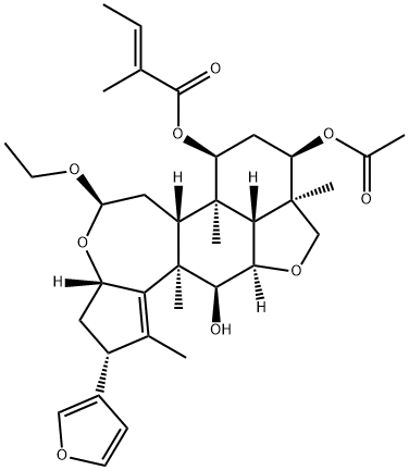 2-Butenoic acid, 2-methyl-, (2R,3aS,5R,6aR,6bR,7S,9R,9aR,11aR,11bR,12S,12aR)-9-(acetyloxy)-5-ethoxy-2-(3-furanyl)-3,3a,6,6a,6b,7,8,9,9a,10,11a,11b,12,12a-tetradecahydro-12-hydroxy-1,6b,9a,12a-tetramethyl-2H,5H-cyclopent[a]isobenzofuro[7,1-gh][3]benzoxepin-7-yl ester, (2E)- Struktur