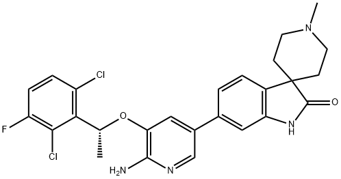 Spiro[3H-indole-3,4'-piperidin]-2(1H)-one, 6-[6-amino-5-[(1R)-1-(2,6-dichloro-3-fluorophenyl)ethoxy]-3-pyridinyl]-1'-methyl- Struktur