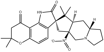 Spiro[1H-cyclopent[f]indolizine-7(5H),3'(2'H)-pyrano[2,3-g]indole]-2',9'(1'H)-dione, 2,3,5a,6,7',8,8',8a,9,9a-decahydro-7',7',8,8-tetramethyl-5a-nitro-, (3'S,5aS,8aR,9aS)- Struktur