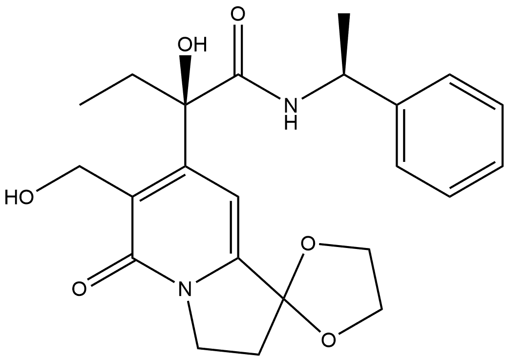 Spiro[1,3-dioxolane-2,1'(5'H)-indolizine]-7'-acetamide, α-ethyl-2',3'-dihydro-α-hydroxy-6'-(hydroxymethyl)-5'-oxo-N-(1-phenylethyl)-, [R-(R*,S*)]- (9CI)