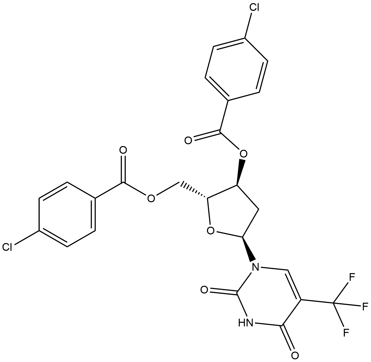 2,4(1H,3H)-Pyrimidinedione, 1-[3,5-bis-O-(4-chlorobenzoyl)-2-deoxy-α-D-erythro-pentofuranosyl]-5-(trifluoromethyl)- Struktur