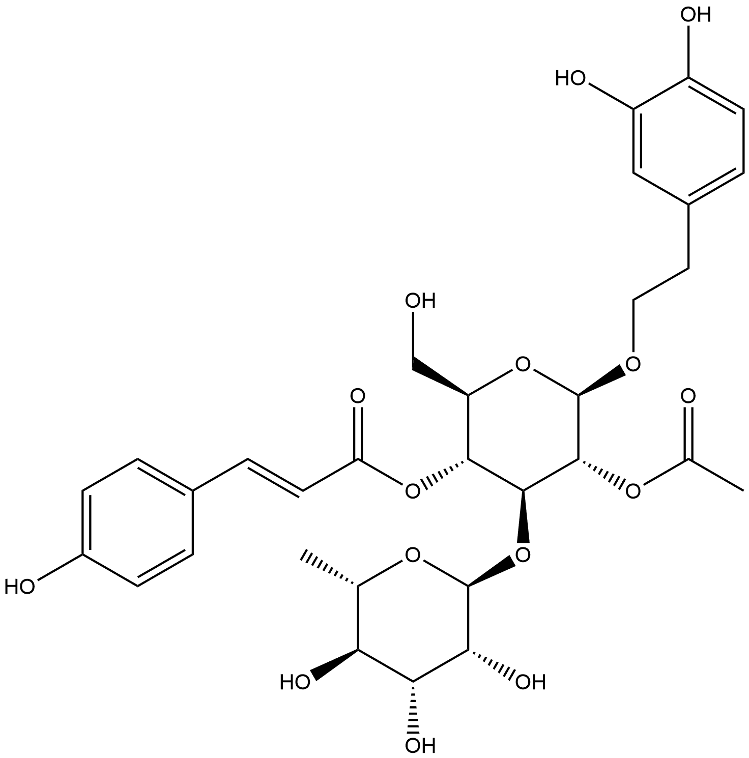 β-D-Glucopyranoside, 2-(3,4-dihydroxyphenyl)ethyl 3-O-(6-deoxy-α-L-mannopyranosyl)-, 2-acetate 4-[(2E)-3-(4-hydroxyphenyl)-2-propenoate] Struktur