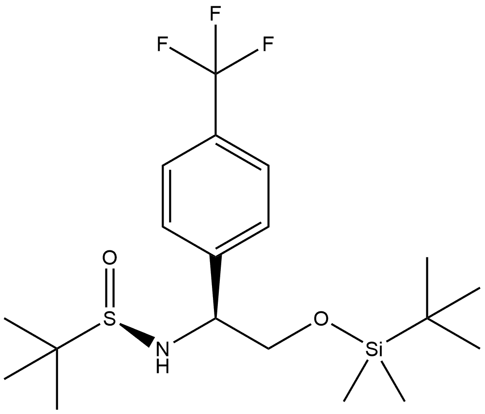 2-Propanesulfinamide, N-[(1S)-2-[[(1,1-dimethylethyl)dimethylsilyl]oxy]-1-[4-(trifluoromethyl)phenyl]ethyl]-2-methyl-, [S(R)]- Struktur