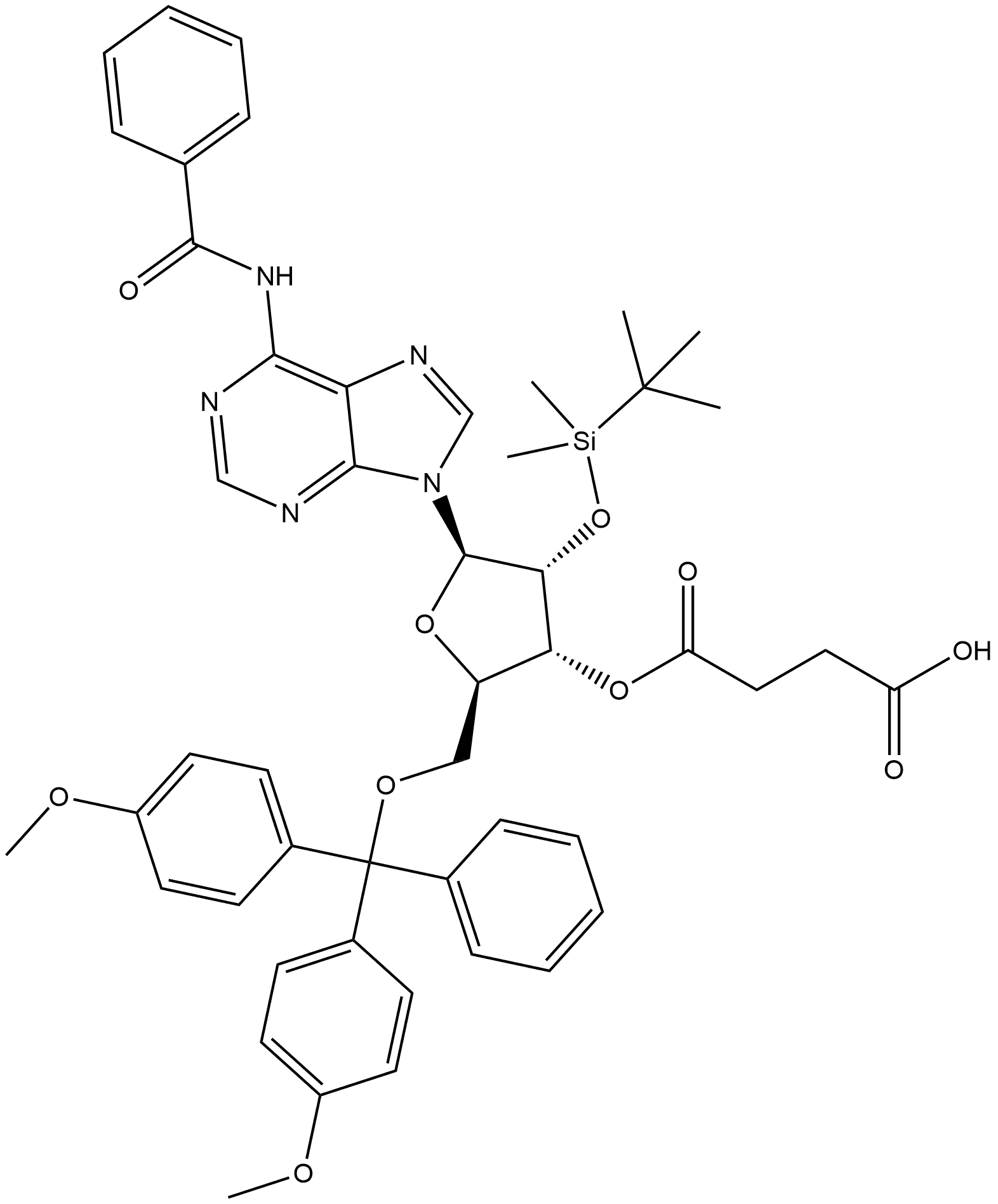 Adenosine, N-benzoyl-5'-O-[bis(4-methoxyphenyl)phenylmethyl]-2'-O-[(1,1-dimethylethyl)dimethylsilyl]-, 3'-(hydrogen butanedioate) Struktur