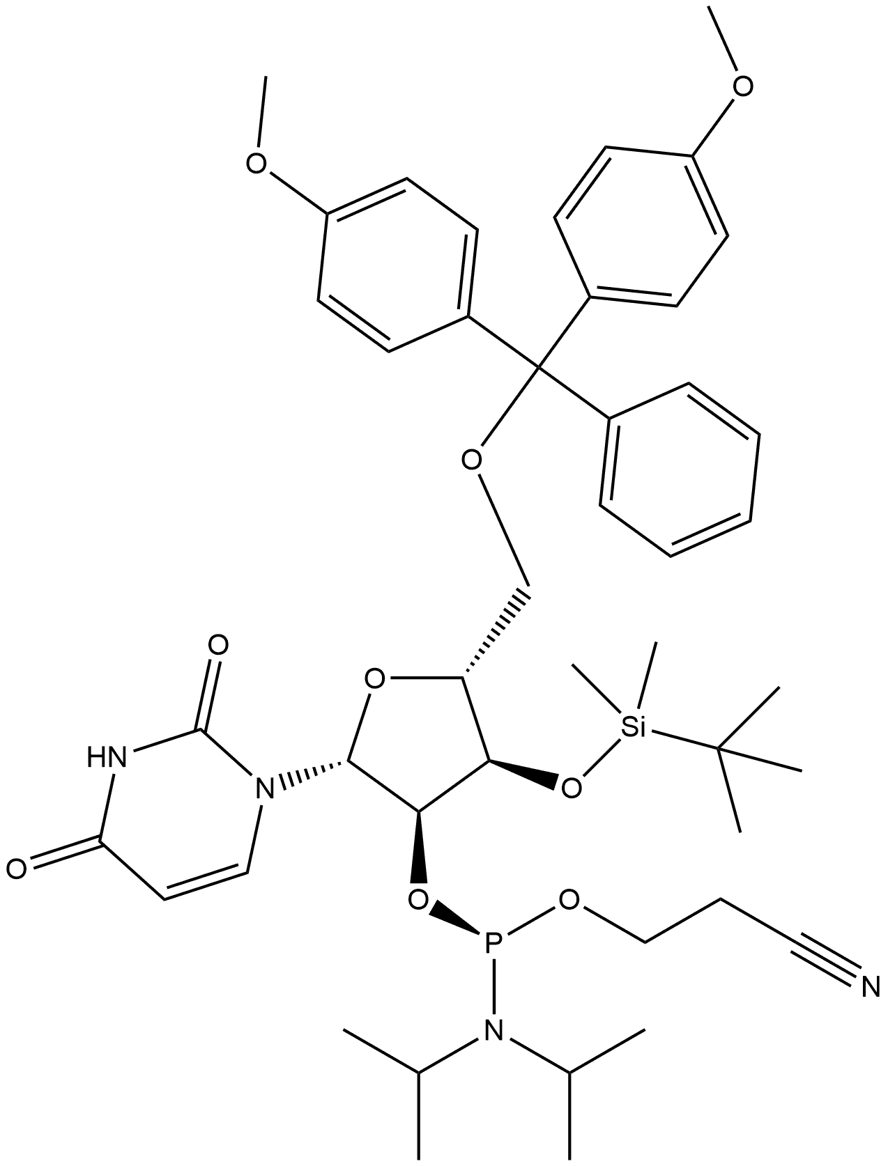 Uridine, 5'-O-[bis(4-methoxyphenyl)phenylmethyl]-3'-O-[(1,1-dimethylethyl)dimethylsilyl]-, 2'-[2-cyanoethyl bis(1-methylethyl)phosphoramidite], (S)- (9CI) Struktur