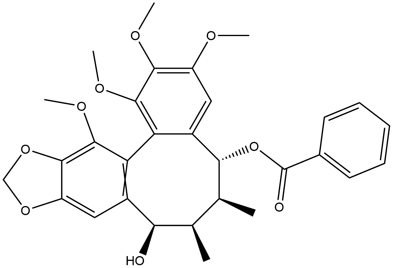 Benzo[3,4]cycloocta[1,2-f][1,3]benzodioxole-5,8-diol, 5,6,7,8-tetrahydro-1,2,3,13-tetramethoxy-6,7-dimethyl-, 5-benzoate, (5R,6S,7R,8R,13aS)- Struktur