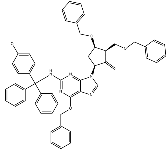 9H-Purin-2-amine, N-[(4-methoxyphenyl)diphenylmethyl]-9-[(1S,3R,4R)-2-methylene-4-(phenylmethoxy)-3-[(phenylmethoxy)methyl]cyclopentyl]-6-(phenylmethoxy)- Struktur