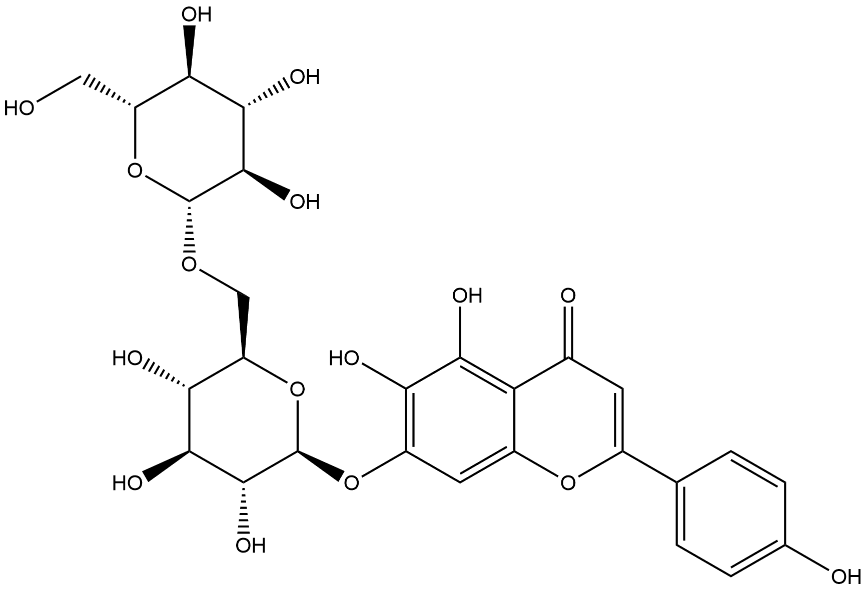 4H-1-Benzopyran-4-one, 7-[(6-O-β-D-glucopyranosyl-β-D-glucopyranosyl)oxy]-5,6-dihydroxy-2-(4-hydroxyphenyl)- Struktur