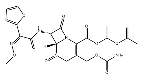 5-Thia-1-azabicyclo[4.2.0]oct-2-ene-2-carboxylic acid, 3-[[(aminocarbonyl)oxy]methyl]-7-[[(2Z)-2-(2-furanyl)-2-(methoxyimino)acetyl]amino]-8-oxo-, 1-(acetyloxy)ethyl ester, 5-oxide, (6R,7R)- Struktur