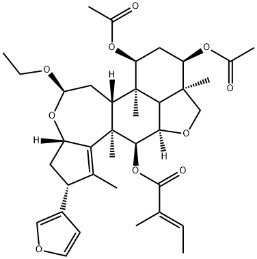 2-Butenoic acid, 2-methyl-, (2R,3aS,5R,6aR,6bR,7S,9R,9aR,11aR,12S,12aR)-7,9-bis(acetyloxy)-5-ethoxy-2-(3-furanyl)-3,3a,6,6a,6b,7,8,9,9a,10,11a,11b,12,12a-tetradecahydro-1,6b,9a,12a-tetramethyl-2H,5H-cyclopent[a]isobenzofuro[7,1-gh][3]benzoxepin-12-yl ester, (2E)- Struktur