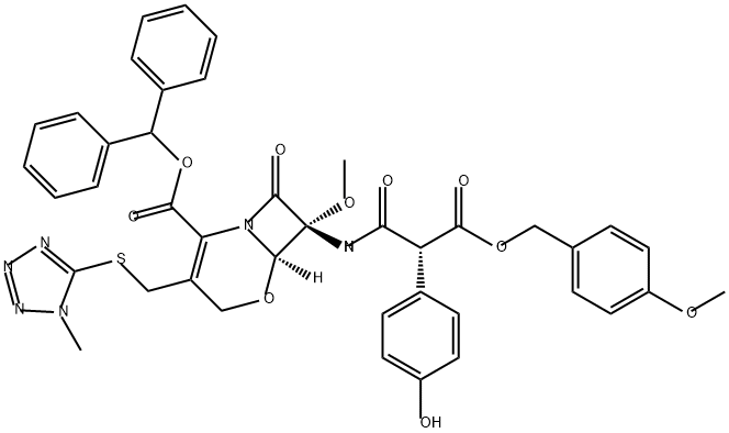 5-Oxa-1-azabicyclo[4.2.0]oct-2-ene-2-carboxylic acid, 7-[[(2R)-2-(4-hydroxyphenyl)-3-[(4-methoxyphenyl)methoxy]-1,3-dioxopropyl]amino]-7-methoxy-3-[[(1-methyl-1H-tetrazol-5-yl)thio]methyl]-8-oxo-, diphenylmethyl ester, (6R,7R)- Structure