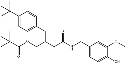 Propanoic acid, 2,2-dimethyl-, 2-[[4-(1,1-dimethylethyl)phenyl]methyl]-4-[[(4-hydroxy-3-methoxyphenyl)methyl]amino]-4-thioxobutyl ester Struktur