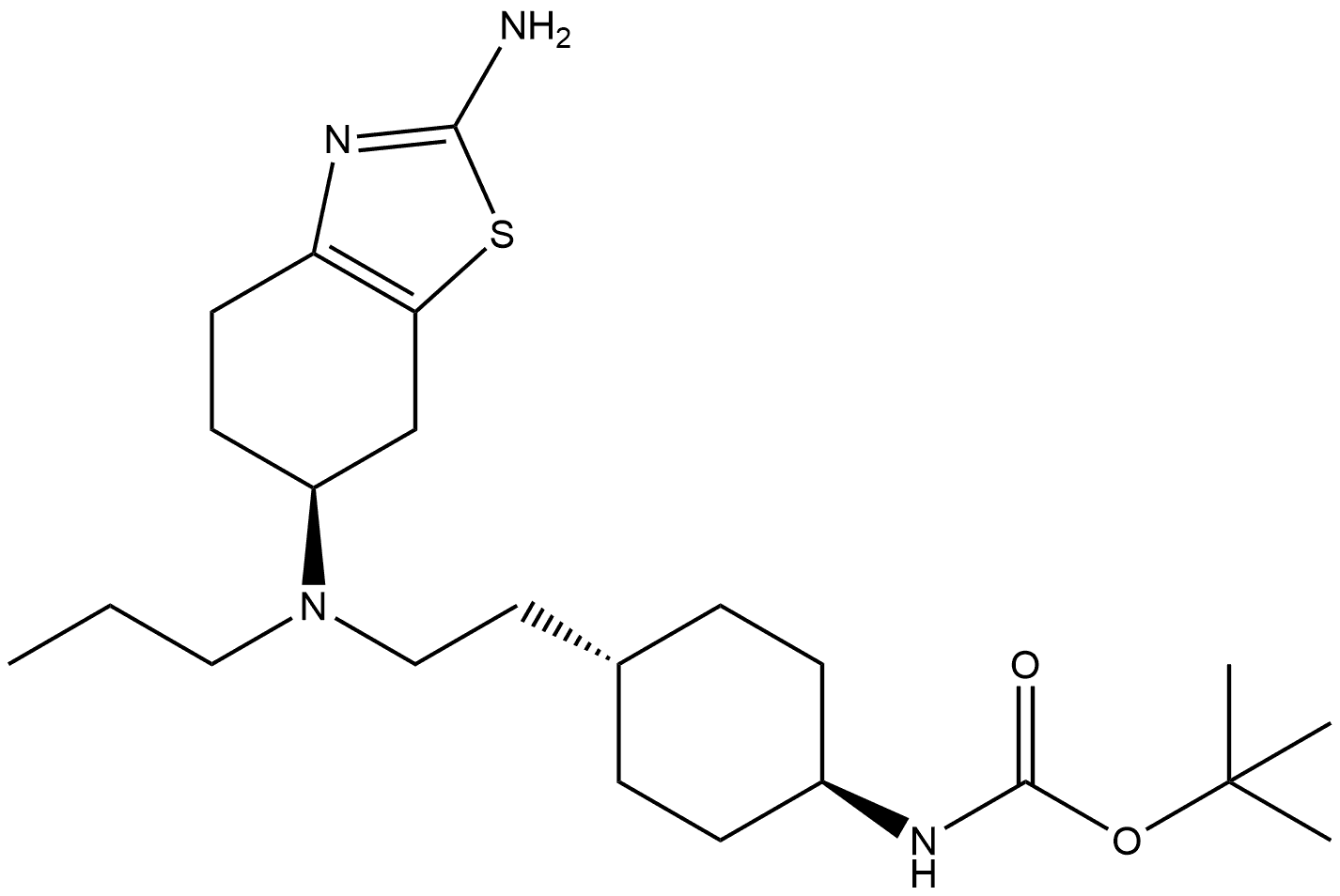 Carbamic acid, N-[trans-4-[2-[[(6S)-2-amino-4,5,6,7-tetrahydro-6-benzothiazolyl]propylamino]ethyl]cyclohexyl]-, 1,1-dimethylethyl ester Struktur