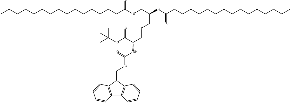 Hexadecanoic acid, 1,1'-[(1R)-1-[[[(2R)-2-[(1,1-dimethylethoxy)carbonyl]-2-[[(9H-fluoren-9-ylmethoxy)carbonyl]amino]ethyl]thio]methyl]-1,2-ethanediyl] ester Struktur