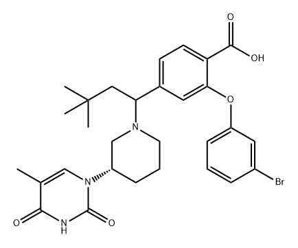 Benzoic acid, 2-(3-bromophenoxy)-4-[1-[(3S)-3-(3,4-dihydro-5-methyl-2,4-dioxo-1(2H)-pyrimidinyl)-1-piperidinyl]-3,3-dimethylbutyl]- Struktur