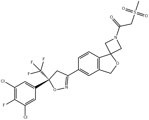 Ethanone, 1-[5'-[(5R)-5-(3,5-dichloro-4-fluorophenyl)-4,5-dihydro-5-(trifluoromethyl)-3-isoxazolyl]spiro[azetidine-3,1'(3'H)-isobenzofuran]-1-yl]-2-(methylsulfonyl)- Struktur