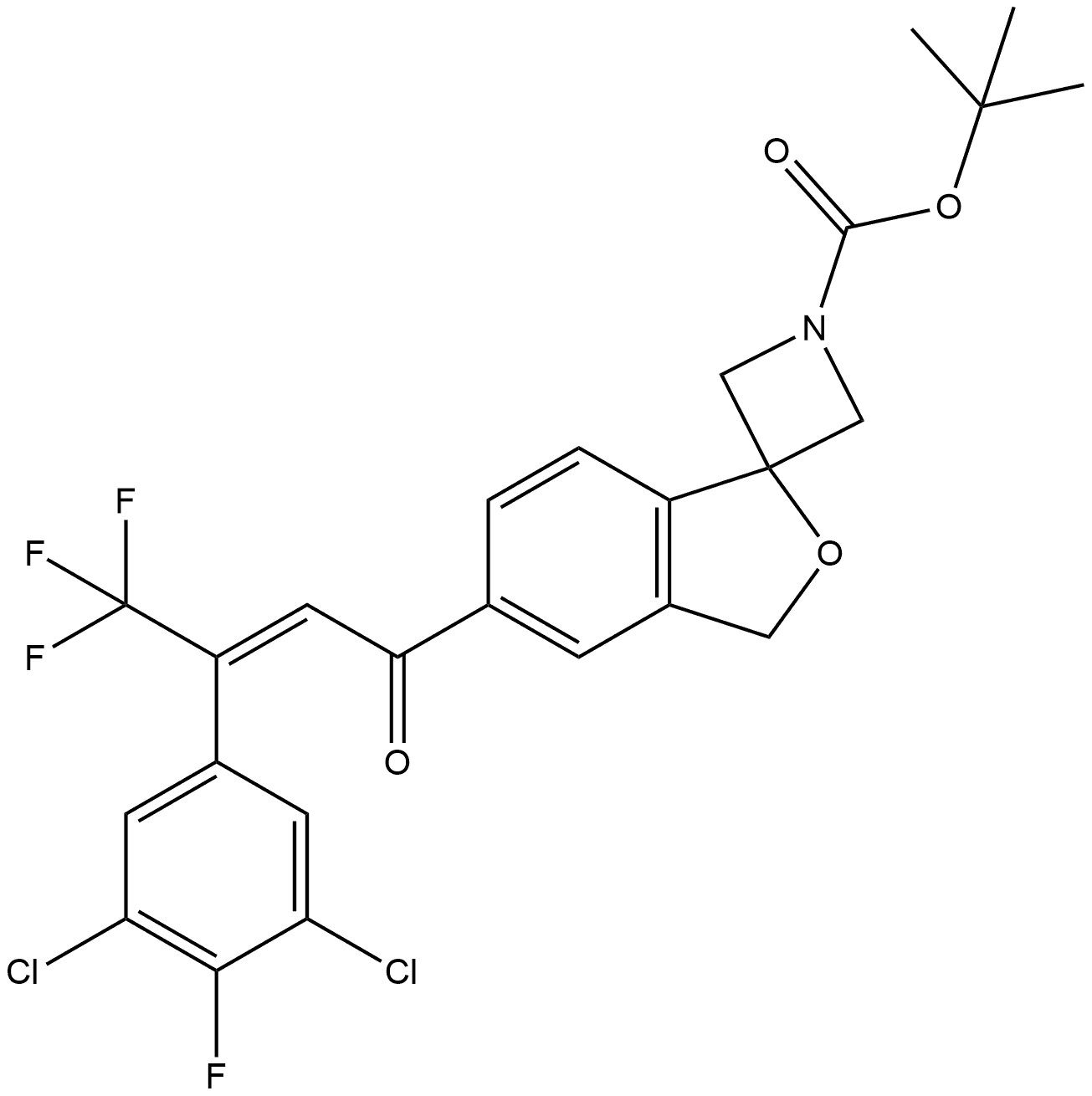 1,1-Dimethylethyl 5′-[(2E)-3-(3,5-dichloro-4-fluorophenyl)-4,4,4-trifluoro-1-oxo-2-buten-1-yl]spiro[azetidine-3,1′(3′H)-isobenzofuran]-1-carboxylate Struktur