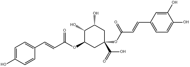 Cyclohexanecarboxylic acid, 1-[[(2E)-3-(3,4-dihydroxyphenyl)-1-oxo-2-propen-1-yl]oxy]-3,4-dihydroxy-5-[[(2E)-3-(4-hydroxyphenyl)-1-oxo-2-propen-1-yl]oxy]-, (1S,3R,4R,5R)- Struktur