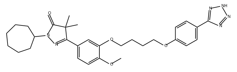 3H-Pyrazol-3-one, 2-cycloheptyl-2,4-dihydro-5-[4-methoxy-3-[4-[4-(2H-tetrazol-5-yl)phenoxy]butoxy]phenyl]-4,4-dimethyl- Struktur