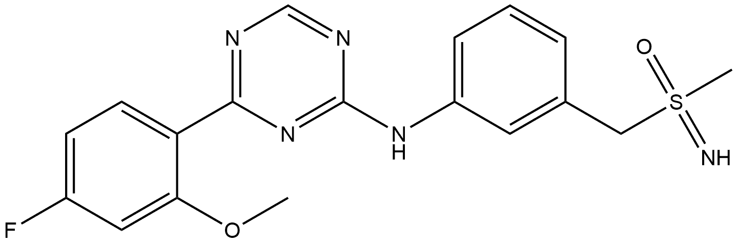 1,3,5-Triazin-2-amine, 4-(4-fluoro-2-methoxyphenyl)-N-[3-[(S-methylsulfonimidoyl)methyl]phenyl]-, (+)- Struktur