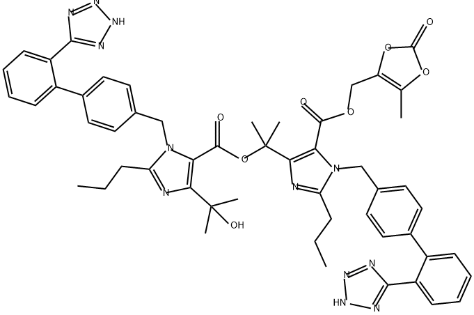 1H-Imidazole-5-carboxylic acid, 4-(1-hydroxy-1-methylethyl)-2-propyl-1-[[2'-(2H-tetrazol-5-yl)[1,1'-biphenyl]-4-yl]methyl]-, 1-methyl-1-[5-[[(5-methyl-2-oxo-1,3-dioxol-4-yl)methoxy]carbonyl]-2-propyl-1-[[2'-(2H-tetrazol-5-yl)[1,1'-biphenyl]-4-yl]methyl]-1 Struktur