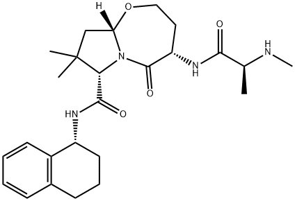 Pyrrolo[2,1-b][1,3]oxazepine-7-carboxamide, octahydro-8,8-dimethyl-4-[[(2S)-2-(methylamino)-1-oxopropyl]amino]-5-oxo-N-[(1R)-1,2,3,4-tetrahydro-1-naphthalenyl]-, (4S,7S,9aS)- Struktur