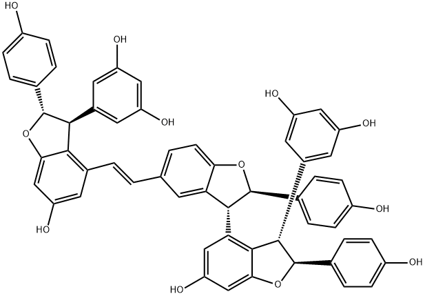 1,3-Benzenediol, 5-[(2R,2'S,3R,3'S)-5-[(1E)-2-[(2S,3S)-3-(3,5-dihydroxyphenyl)-2,3-dihydro-6-hydroxy-2-(4-hydroxyphenyl)-4-benzofuranyl]ethenyl]-2,2',3,3'-tetrahydro-6'-hydroxy-2,2'-bis(4-hydroxyphenyl)[3,4'-bibenzofuran]-3'-yl]- Struktur