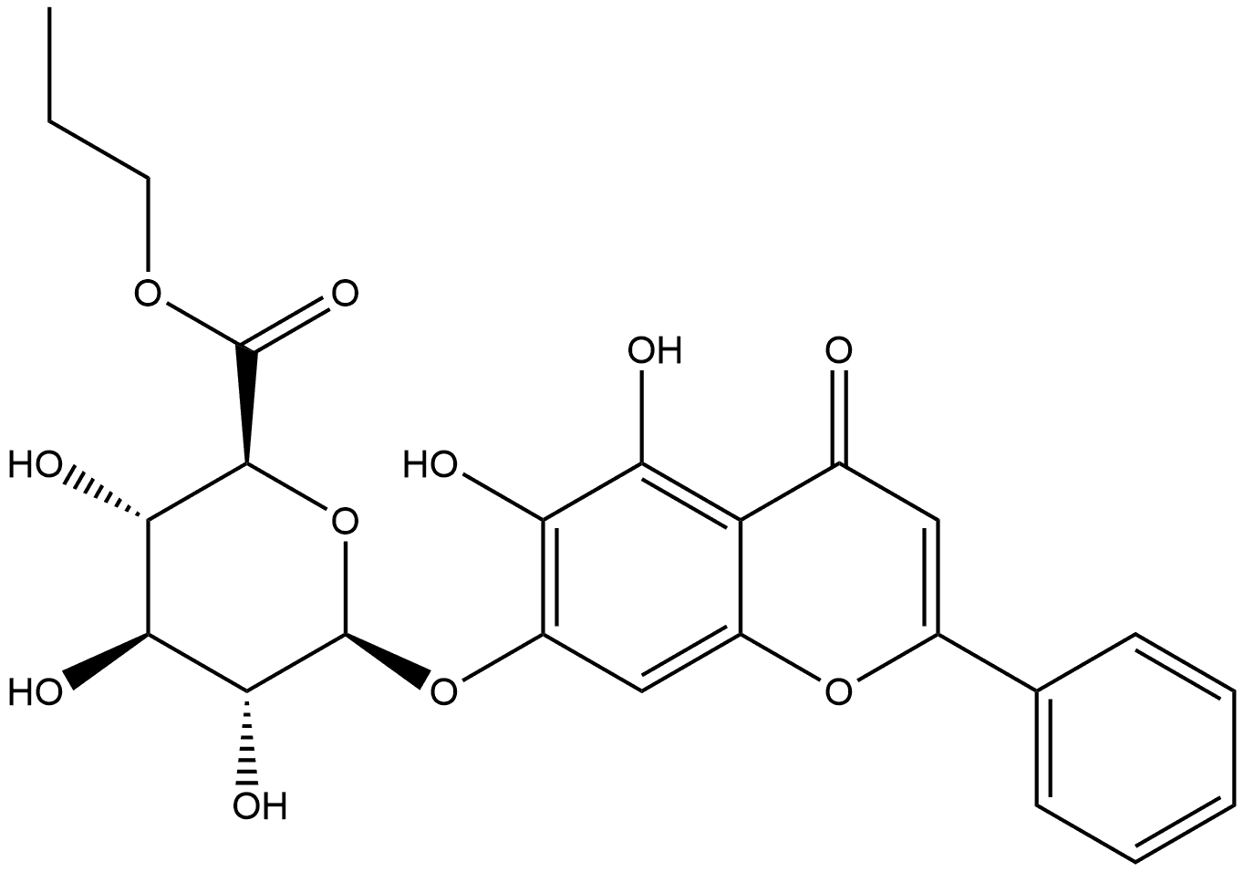 β-D-Glucopyranosiduronic acid, 5,6-dihydroxy-4-oxo-2-phenyl-4H-1-benzopyran-7-yl, propyl ester Struktur