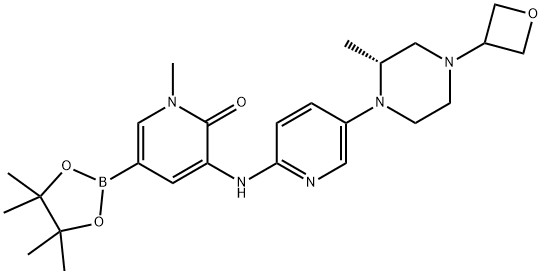 2(1H)-Pyridinone, 1-methyl-3-[[5-[(2R)-2-methyl-4-(3-oxetanyl)-1-piperazinyl]-2-pyridinyl]amino]-5-(4,4,5,5-tetramethyl-1,3,2-dioxaborolan-2-yl)- Struktur