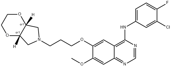 4-Quinazolinamine, N-(3-chloro-4-fluorophenyl)-6-[3-[(4aR,7aS)-hexahydro-6H-1,4-dioxino[2,3-c]pyrrol-6-yl]propoxy]-7-methoxy-, rel- Struktur