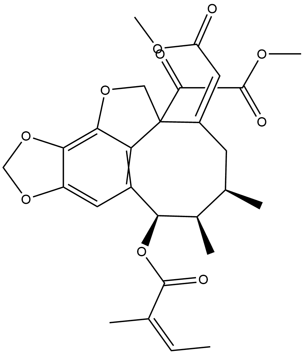 2H-Cycloocta[cd][1,3]dioxolo[4,5-g]benzofuran-2a(3H)-acetic acid, 4,5,6,7-tetrahydro-3-(2-methoxy-2-oxoethylidene)-5,6-dimethyl-7-[[(2Z)-2-methyl-1-oxo-2-buten-1-yl]oxy]-α-oxo-, methyl ester, (3Z,5R,6R,7R)- Struktur