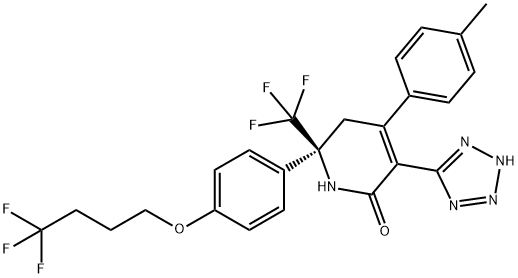 2(1H)-Pyridinone, 5,6-dihydro-4-(4-methylphenyl)-3-(2H-tetrazol-5-yl)-6-[4-(4,4,4-trifluorobutoxy)phenyl]-6-(trifluoromethyl)-, (6S)- Struktur