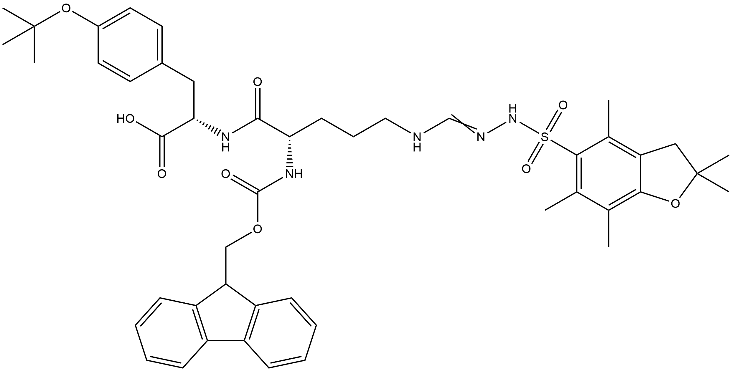 N5-[[[(2,3-Dihydro-2,2,4,6,7-pentamethyl-5-benzofuranyl)sulfonyl]amino]iminomethyl]-N2-[(9H-fluoren-9-ylmethoxy)carbonyl]-L-ornithyl-O-(1,1-dimethylethyl)-L-tyrosine Struktur