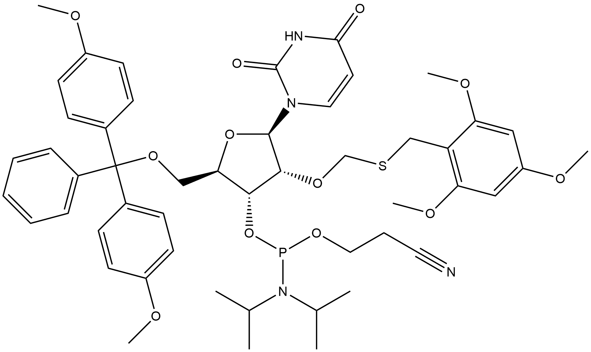 5'-O-[bis(4-methoxyphenyl)phenylmethyl]-2'-O-[[[(2,4,6-trimethoxyphenyl)methyl]thio]methyl]-, 3'-[2-cyanoethyl N,N-bis(1-methylethUridine Struktur