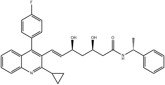 6-Heptenamide, 7-[2-cyclopropyl-4-(4-fluorophenyl)-3-quinolinyl]-3,5-dihydroxy-N-[(1R)-1-phenylethyl]-, (3R,5S,6E)- Struktur