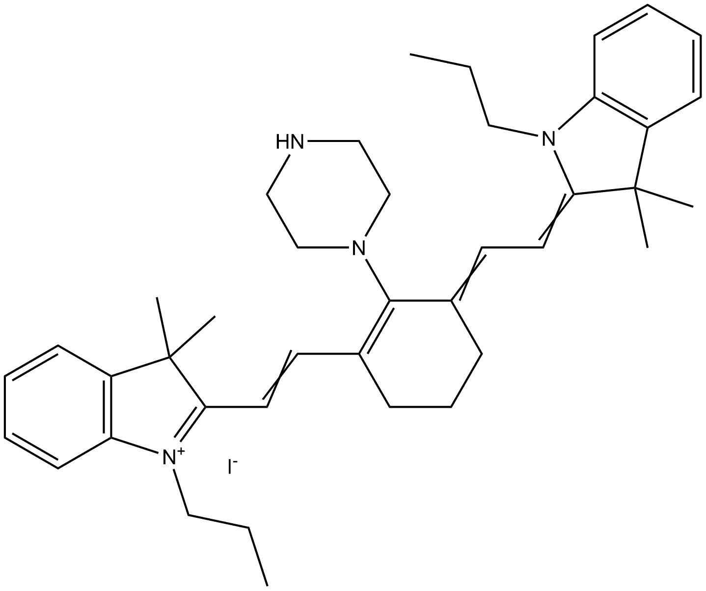 2-[2-[3-[2-(1,3-Dihydro-3,3-dimethyl-1-propyl-2H-indol-2-ylidene)ethylidene]-2-(1-piperazinyl)-1-cyclohexen-1-yl]ethenyl]-3,3-dimethyl-1-propyl-3H-indolium iodide (1:1) Struktur