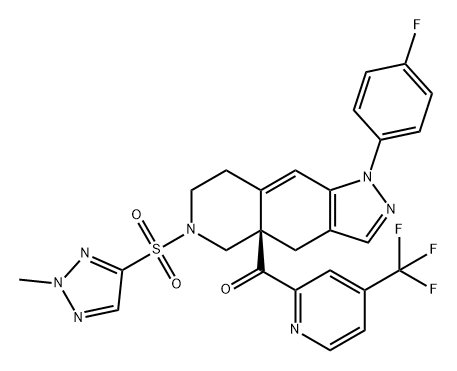 Methanone, [(4aR)-1-(4-fluorophenyl)-1,4,5,6,7,8-hexahydro-6-[(2-methyl-2H-1,2,3-triazol-4-yl)sulfonyl]-4aH-pyrazolo[3,4-g]isoquinolin-4a-yl][4-(trifluoromethyl)-2-pyridinyl]- Struktur