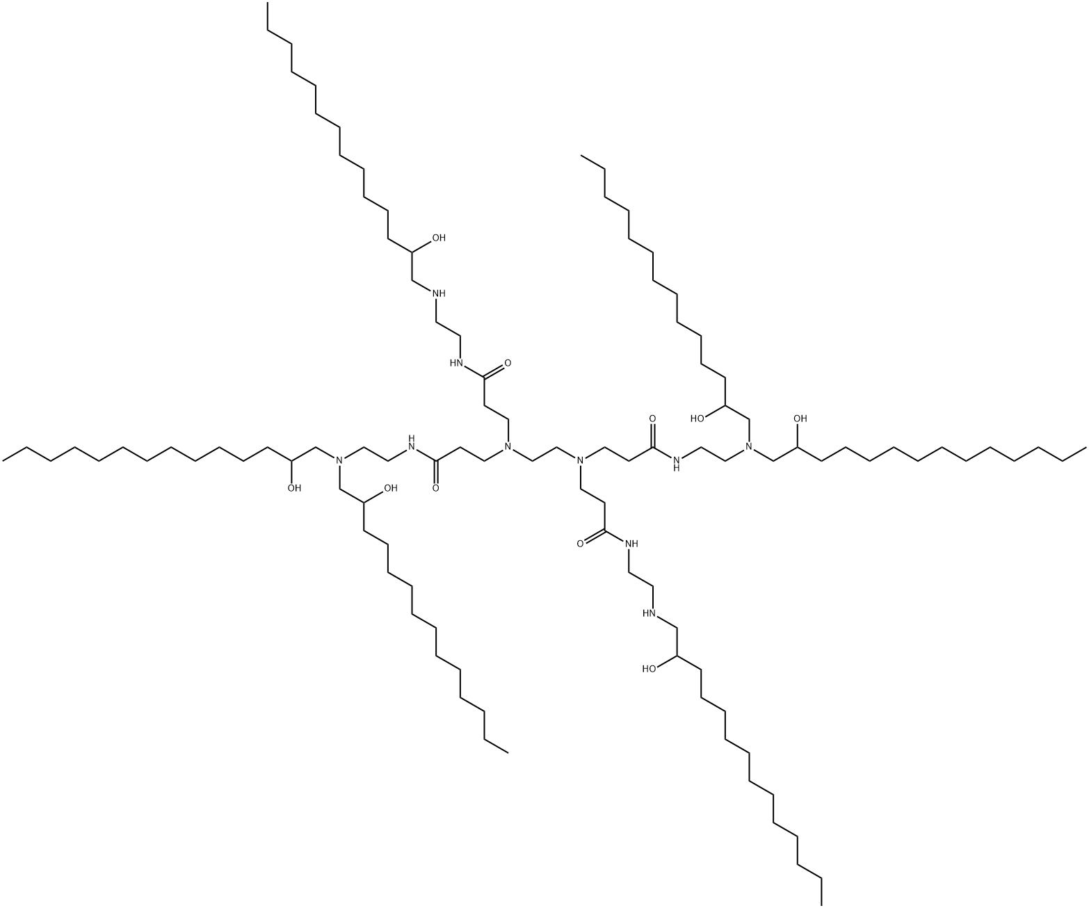 4,7,11,14-Tetraazaoctacosanamide, N-[2-[bis(2-hydroxytetradecyl)amino]ethyl]-16-hydroxy-14-(2-hydroxytetradecyl)-4,7-bis[3-[[2-[(2-hydroxytetradecyl)amino]ethyl]amino]-3-oxopropyl]-10-oxo- Struktur