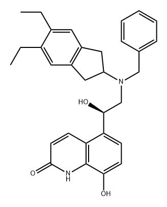 2(1H)-Quinolinone, 5-[(1R)-2-[(5,6-diethyl-2,3-dihydro-1H-inden-2-yl)(phenylmethyl)amino]-1-hydroxyethyl]-8-hydroxy- Struktur