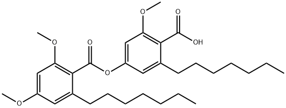 Benzoic acid, 2-heptyl-4,6-dimethoxy-, 4-carboxy-3-heptyl-5-methoxyphenyl ester Struktur