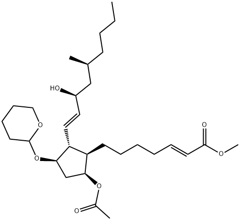 2-Heptenoic acid, 7-[(1R,2R,3R,5S)-5-(acetyloxy)-2-[(1E,3S,5S)-3-hydroxy-5-methyl-1-nonen-1-yl]-3-[(tetrahydro-2H-pyran-2-yl)oxy]cyclopentyl]-, methyl ester, (2E)- Struktur