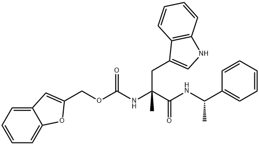 Carbamic acid, N-[(1R)-1-(1H-indol-3-ylmethyl)-1-methyl-2-oxo-2-[[(1S)-1-phenylethyl]amino]ethyl]-, 2-benzofuranylmethyl ester Struktur