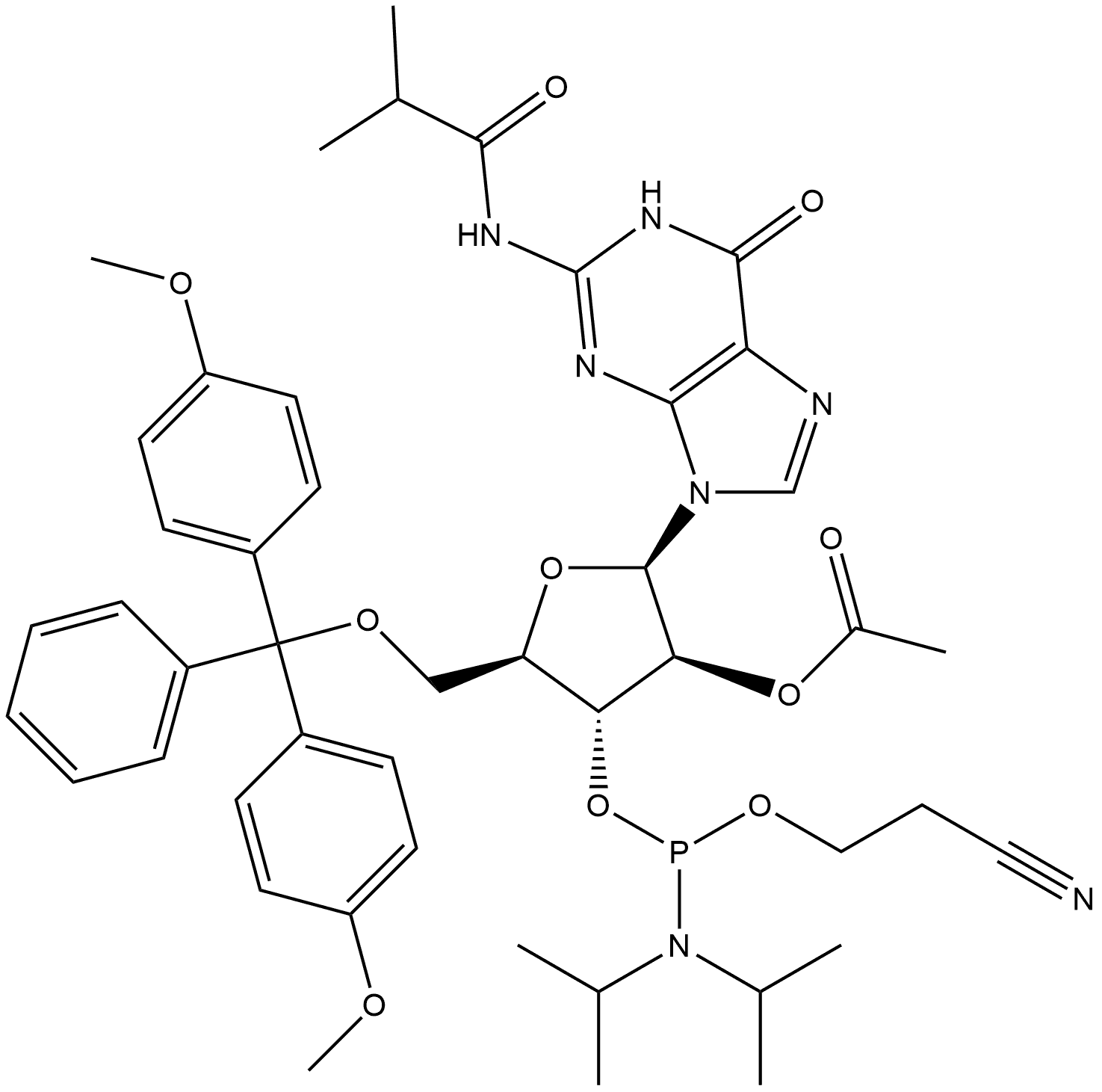 N-[9-[2-O-Acetyl-5-O-[bis(4-methoxyphenyl)phenylmethyl]-3-O-[[bis(1-methylethyl)amino](2-cyanoethoxy)phosphino]-β-D-arabinofuranosyl]-6,9-dihydro-6-oxo-1H-purin-2-yl]-2-methylpropanamide Struktur