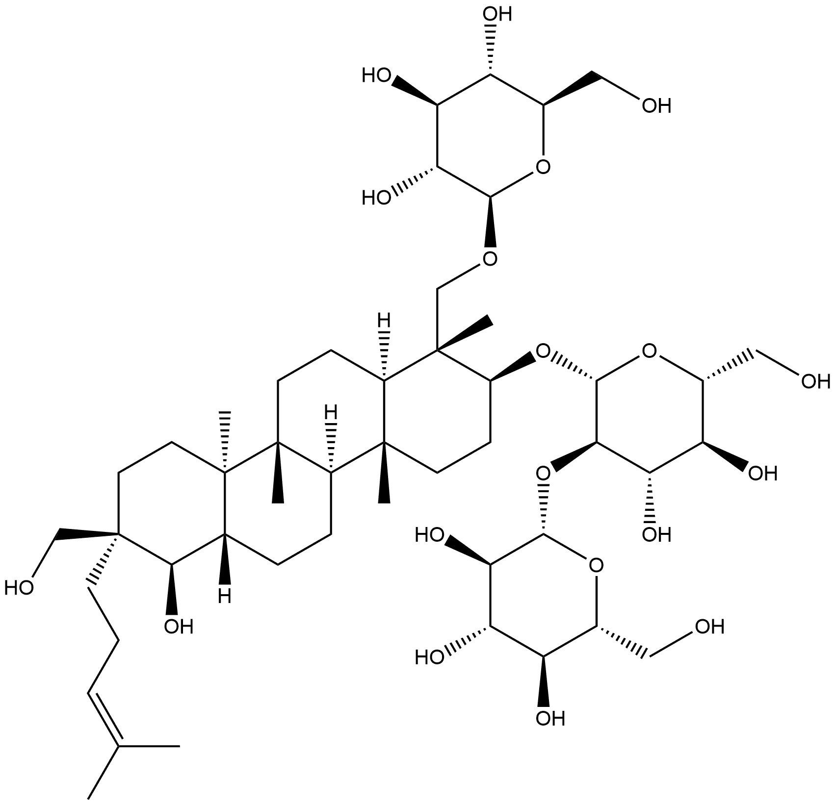 β-D-Glucopyranoside, (1R,2S,4aR,4bR,6aS,7R,8R,10aR,10bR,12aR)-1-[(β-D-glucopyranosyloxy)methyl]octadecahydro-7-hydroxy-8-(hydroxymethyl)-1,4a,10a,10b-tetramethyl-8-(4-methyl-3-pentenyl)-2-chrysenyl 2-O-β-D-glucopyranosyl- (9CI) Struktur