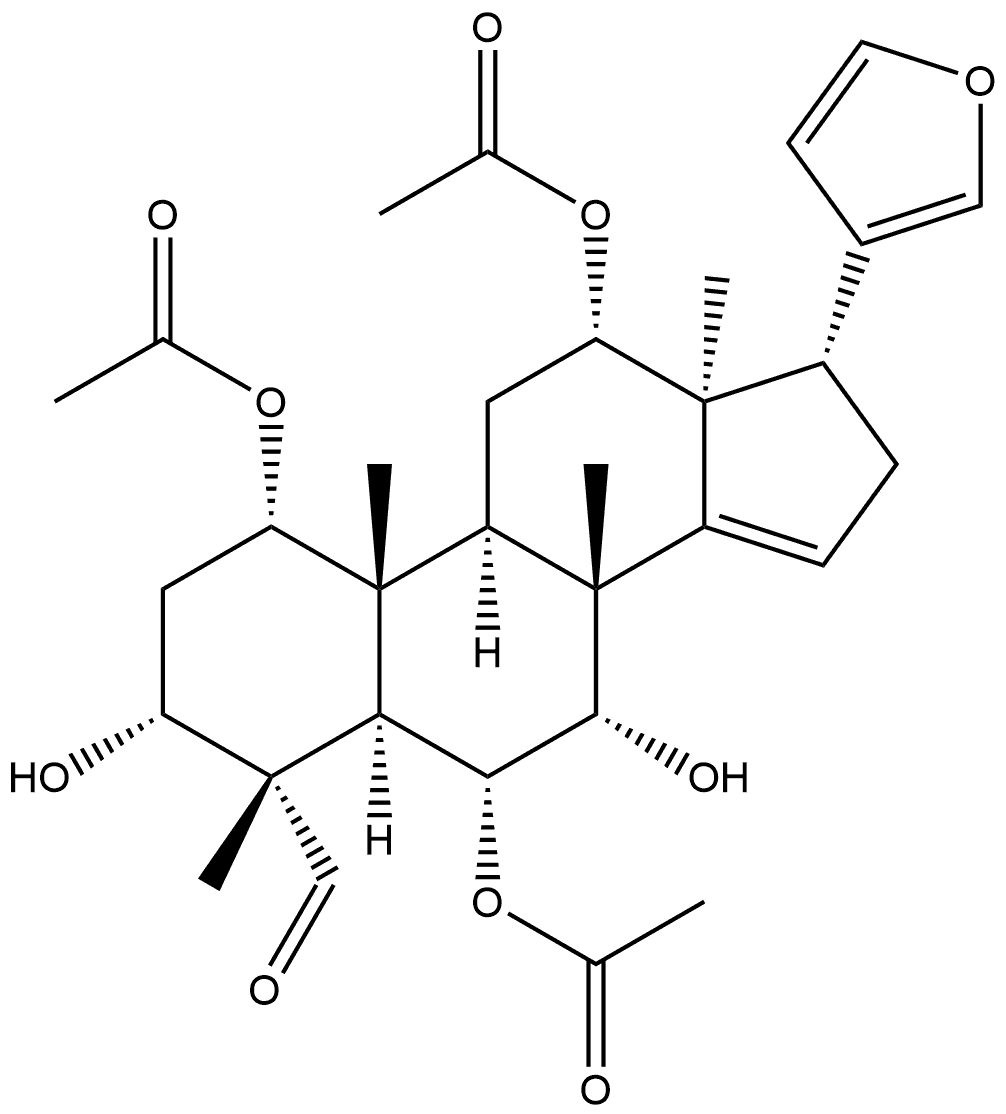 24-Norchola-14,20,22-triene-4-carboxaldehyde, 1,6,12-tris(acetyloxy)-21,23-epoxy-3,7-dihydroxy-4,8-dimethyl-, (1α,3α,4α,5α,6α,7α,12α,13α,17α)- Struktur